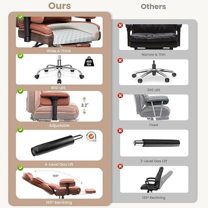 Big and Tall Office Chair - 400 LBS High Back Executive Chair with Footrest, Ergonomic Office Chair for Heavy People, Wide Padded Seat Computer Gaming Chair, Brown 2 Pack