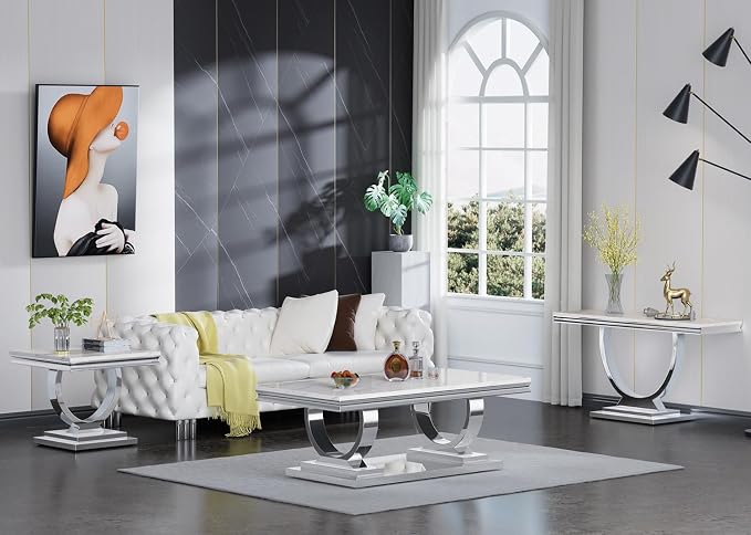 1 Piece Living Room Coffee Table Luxury Faux Marble Center Table, Modern White Silver Coffee Table with Double O Shape Stainless Steel Pedestal Base, 1 Table Only