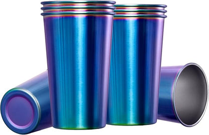 MEWAY 8 Pack 16oz Stainless Steel Pint Cup,Healthy Unbreakable and Stackable,Metal Drinking Glasses，Beer Glasses（Rainbow）