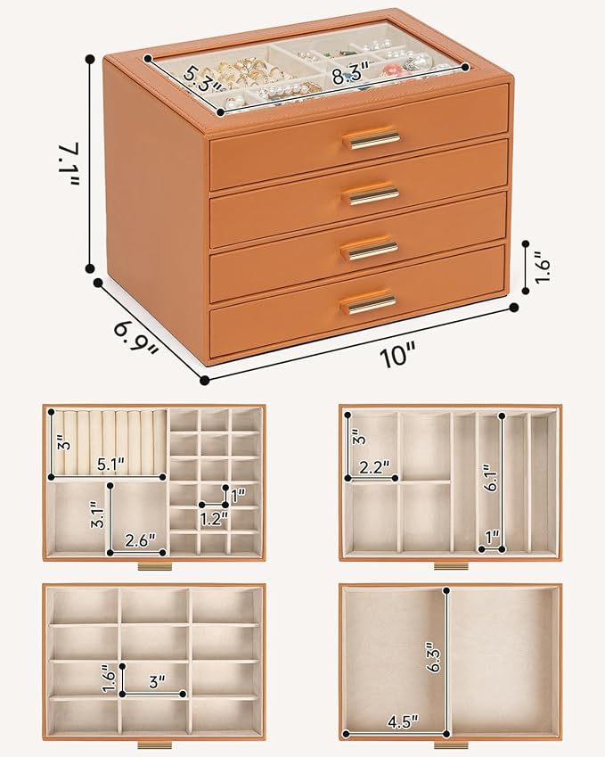 AKOZLIN Jewelry Box with Clear Lid Functional Leather Jewelry Storage Organizer Case 4 Drawers for Women Girls Necklace Ring Bracelet Earring Orange