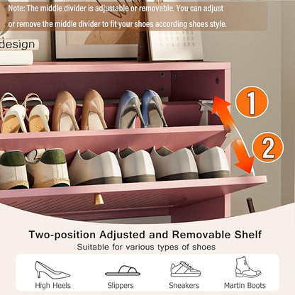 Shoe Storage Cabinet for Entryway with 2 Flip Drawers, Narrow Wood Shoe Cabinet with Fluted Panel, Freestanding Hidden Shoe Organizer for Foyer, Hallway (Pink - with Shelf)