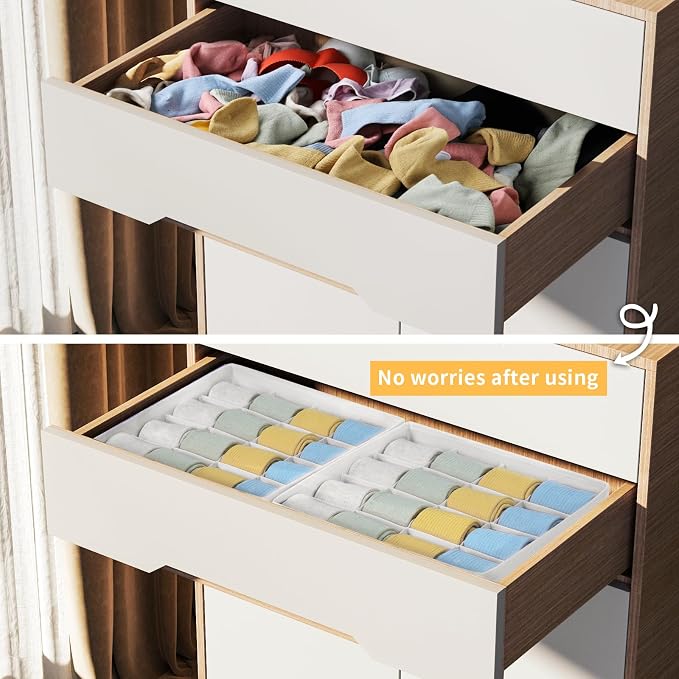 Joyoldelf Sock Drawer Organizer Divider, 16-Cell Underwear Organizers and Storage Fabric Drawer Organizer for Socks, Lingerie, Handkerchiefs, Ties Black, 2 Packs (White)