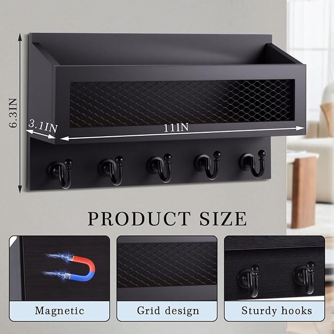 Magnetic Mail and Key Holder for Wall Fridge Wooden Mail Organizer with 5 Key Hooks for Home Bedroom Fridge Kitchen Decorative(Black)