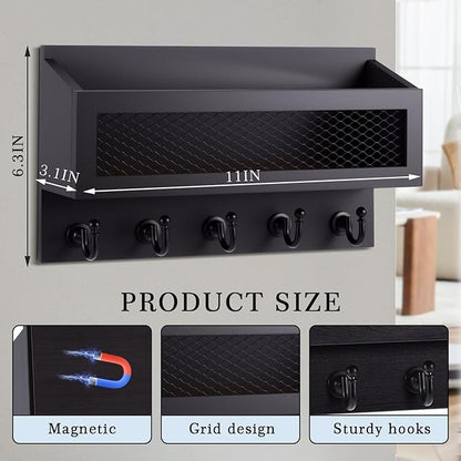 Magnetic Mail and Key Holder for Wall Fridge Wooden Mail Organizer with 5 Key Hooks for Home Bedroom Fridge Kitchen Decorative(Black)
