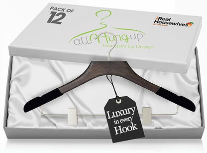 Wooden Hangers with Clips for Women, Solid Wood Skirt & Suit Hangers, Heavy-Duty Adjustable Non-Slip Design with Velvet Grip, Mahogany with Black Velvet, 12 pcs