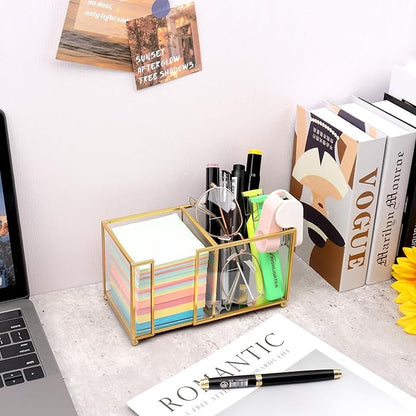 Glass Sticky Note Holder,2 Slots Post It Note Dispenser,Gold Desk Organizer for 3 x 3 Sticky Notes/Paper Clips/Book Clips,Stylish Post it Holder for Home Office Desk