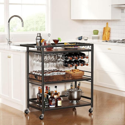 Leteuke Bar Cart for Home, 3 Tier Black Serving Rolling Carts with Wheels, Drink Cart, Liquor Stand with Removable Tray, Wine Rack and Glass Holder for Kitchen, Outdoor, Dining Room-Black Brown