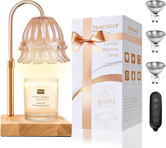 TOACSUCP Candle Warmer Lamp with 3 Bulbs, Adjustable Height Dimmable Candle Warmer with Timer, Compatible with Large Jar Candles, Flower Candle Warmer with Charming Gift Box Ribbon(Light Yellow)