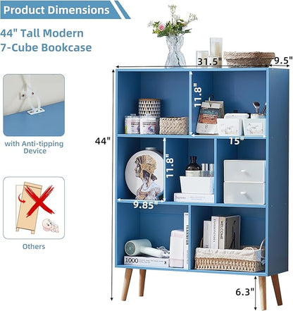 LEYAOYAO Cube Bookshelf 3 Tier Mid-Century Blue Modern Bookcase with Legs,Retro Wood Bookshelves Storage Organizer Shelf,Freestanding Open Book Shelves for Bedroom,Living Room,Office