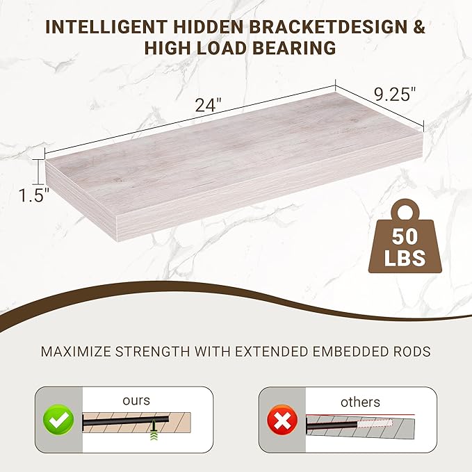Acovy 24 Inch Floating Shelves, 3D Textured Wood Grain, 24"x9.25"x1.5" Inch Deep Floating Shelves for Wall, Wooden Shelves for Bathroom, Bedroom, Living Room, Washed White, 2 Pieces