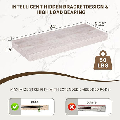 Acovy 24 Inch Floating Shelves, 3D Textured Wood Grain, 24"x9.25"x1.5" Inch Deep Floating Shelves for Wall, Wooden Shelves for Bathroom, Bedroom, Living Room, Washed White, 2 Pieces