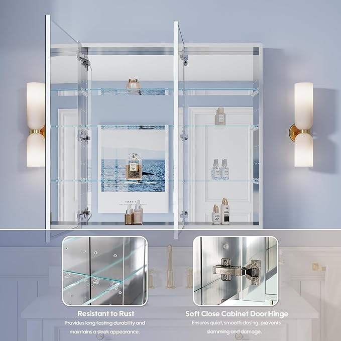 WELLFOR 36" x 36" Bathroom Medicine Cabinet with Mirror, Anodized Chrome Aluminum Frame, Surface Mount or Recessed Medicine Cabinet with Mirror, Bathroom Mirror with Storage, Double Doors
