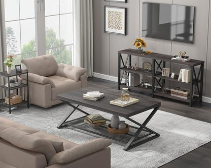 LVB Industrial Grey Coffee Table, Wood Metal 2 Tier Center Table with Storage, Rectangular Low Cocktail Table for Living Room, Farmhouse Concrete Tables for Home Office Bedroom, Dark Gray Oak, 47 Inch