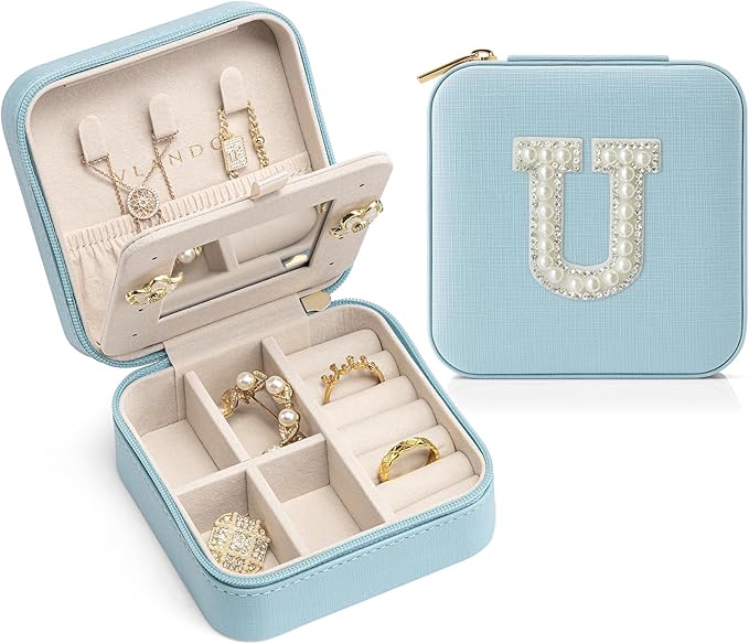 Vlando Mom Gifts for Women, Travel Jewelry Case for Mother Gifts, Travel Gifts for Mother Mom from Daughters, Travel Essentials Small Jewelry Box, Jewelry Travel Organizer - Letter U, Blue
