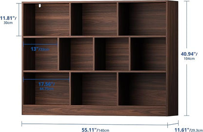 Cozy Castle Brown Bookshelf, 3-Tier Open Shelf Bookcase, 10 Cube Storage Organizer with Anti-Tilt Device for Bedroom, Living Room, 55.11" W x 11.61“D x 40.94“H