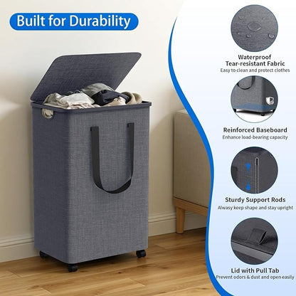 Laundry Basket with 5 Wheels, Tall Dirty Laundry Hamper, Rolling Laundry Basket with Lid, Collapsible Clothes Hamper for Bathroom Bedroom Dorm Laundry Room, Light Gray, 75L