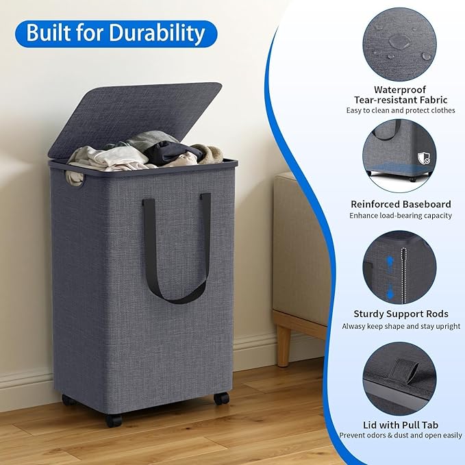 Laundry Basket with 5 Wheels, Tall Dirty Laundry Hamper, Rolling Laundry Basket with Lid, Large 100L Collapsible Clothes Hamper for Laundry Room Bedroom Bathroom Dorm, Light Gray