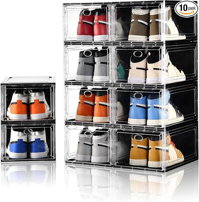 Amllas 10 Pack Shoe Boxes Stackable,Upgraded Sturdy Storage Boxes with Clear Magnetic Door,Multifunctional Sneaker Organizer Fit up to US Size 12 (13.8”x 9.84”x 7.1”)