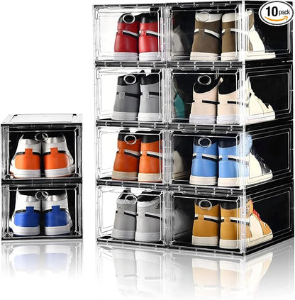 Amllas 10 Pack Shoe Boxes Stackable,Upgraded Sturdy Storage Boxes with Clear Magnetic Door,Multifunctional Sneaker Organizer Fit up to US Size 12 (13.8”x 9.84”x 7.1”)
