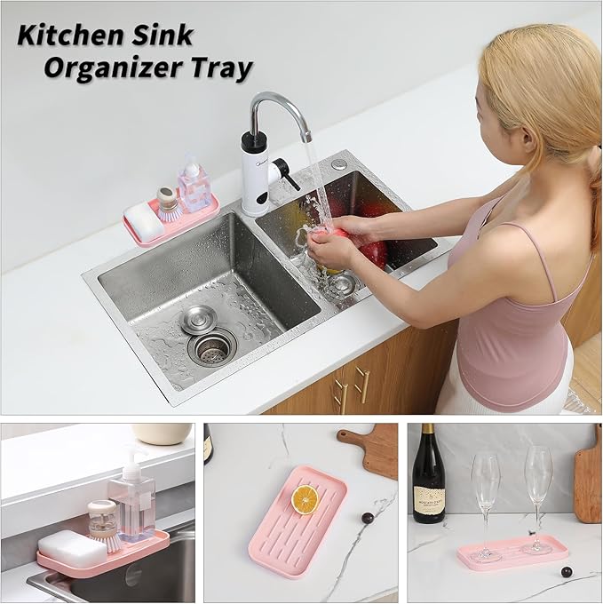 MicoYang Silicone Kitchen Sink Organizer Tray for Multiple Usage,Easy Clean,Eco-Friendly Sponges Holder for Kitchen Bathroom Counter or Sink,Dish Soap Dispenser,Scrubber,Bottle,Cup Pink 10”x 5.3”