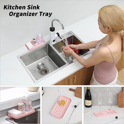 MicoYang Silicone Kitchen Sink Organizer Tray for Multiple Usage,Easy Clean,Eco-Friendly Sponges Holder for Kitchen Bathroom Counter or Sink,Dish Soap Dispenser,Scrubber,Bottle,Cup Pink 10”x 5.3”