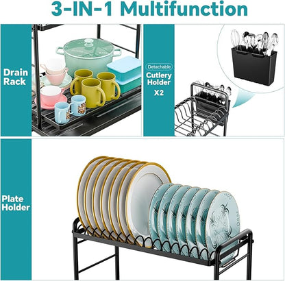 Simple Trending Dish Drying Rack, 2-Tier Dish Rack for Kitchen Counter, Large Dish Drainers Sink Organizers and Storage, Black
