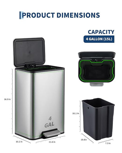 4 Gallon/15 Liter Trash Can, Stainless Steel Step Garbage Can with Quiet Soft-Close Lid, Foot Pedal & Removable Inner Bucket, Rectangular Trash Bin for for Living Room Home Office, Silver