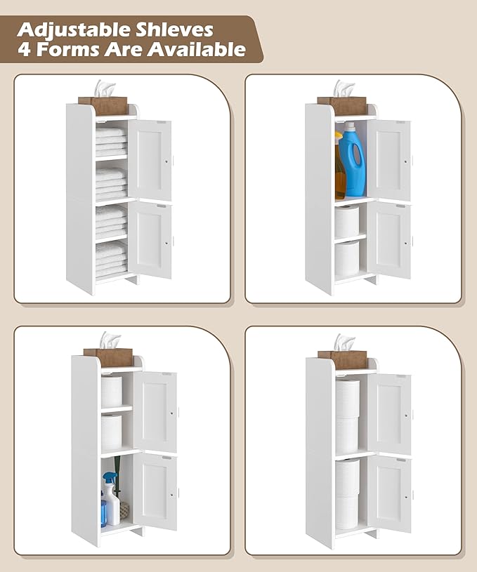 Akxomel Small Bathroom Cabinet with 2 Doors, 7.9''D x 7.9''W Narrow Toilet Paper Storage Cabinet, Bathroom Organizer for Small Spaces, Slim Corner Unit with Adjustable Shelf, White