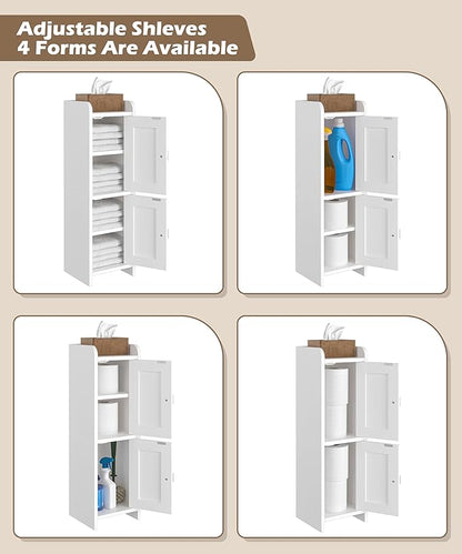 Akxomel Small Bathroom Cabinet with 2 Doors, 7.9''D x 7.9''W Narrow Toilet Paper Storage Cabinet, Bathroom Organizer for Small Spaces, Slim Corner Unit with Adjustable Shelf, White