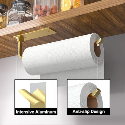 Paper Towel Holder - Self-Adhesive or Drilling, Gold, Upgraded Aluminum Kitchen Roll Dispenser Under Cabinet, Lighter but Stronger Than Stainless Steel!