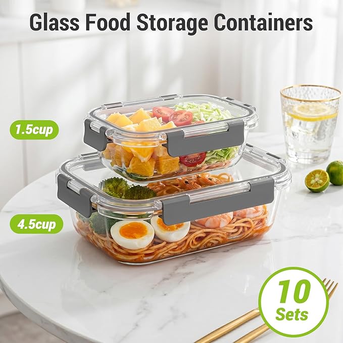 Dealusy 10 Sets (20-Piece) 4.5 Cup & 1.5 Cup Glass Food Storage Containers with lids, Airtight Leak-proof Glass Meal Prep Containers with Lids, Microwave Oven Freezer Dishwasher Safe, Gray