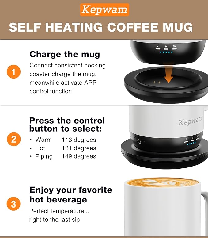 Kepwam Self-Heating Coffee Mug T1, 16oz Rechargeable Heated Coffee Mug, Smart Coffee Warmer Mug with App-Controlled,Advanced Temperature-Controlled Heating Coffee Gifts for Women Men Coffee Lover