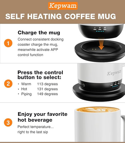 Kepwam Self-Heating Coffee Mug T1, 16oz Rechargeable Heated Coffee Mug, Smart Coffee Warmer Mug with App-Controlled,Advanced Temperature-Controlled Heating Coffee Gifts for Women Men Coffee Lover