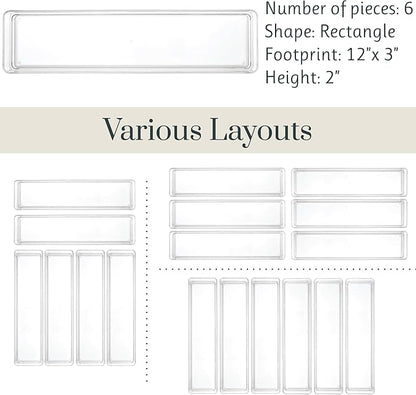 STORi SimpleSort 6-Piece Stackable Clear Drawer Organizer Set | 12" x 3" x 2" Rectangle Trays | Narrow Makeup Vanity Storage Bins and Office Desk Drawer Dividers | Made in USA
