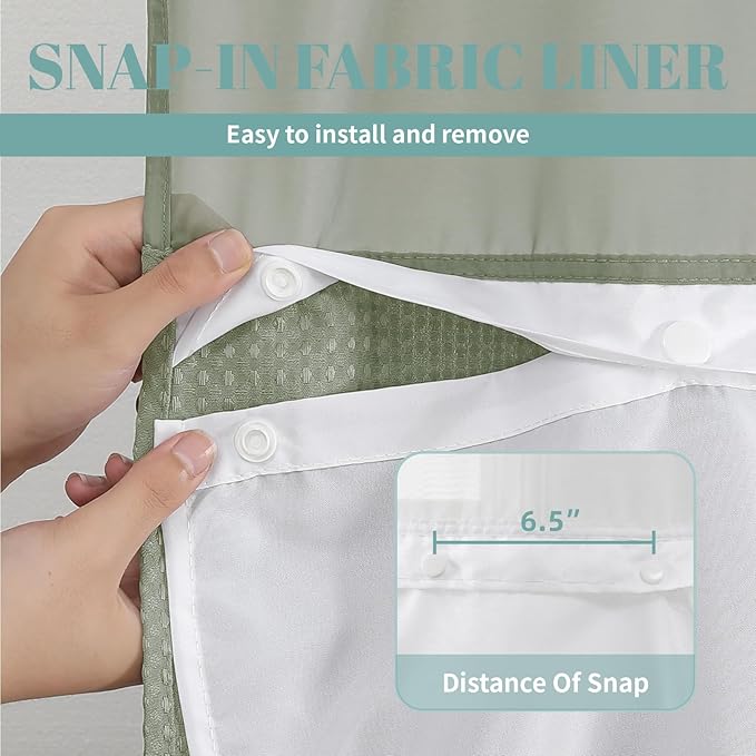 SageGreen Long No Hook Waffle Weave Shower Curtain with snap-in Liner Replacement, 230GSM Waterproof Fabric Hotel Shower Curtain Set for Bathroom, Through Mesh Top Window,71Wx80H