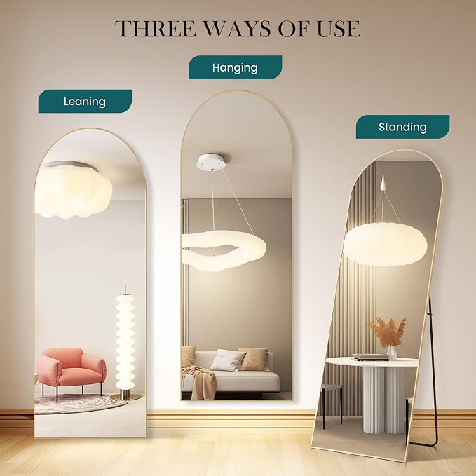 NEWBULIG Arched Mirror Full Length, 64"x21" Body Wall Mirrors with Shatter-Proof Glass, Upgraded Floor Standing Mirror, Hanging or Leaning, with Stand Aluminum Alloy Frame for Home Decor, Gold
