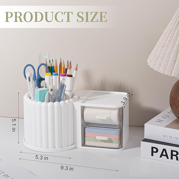 Anyoifax 360° Rotating Pen Holder 7 Slots Desk Organizer with Drawer Removable Pencil Cup Plastic Art Supplies and Accessories Desktop Storage Box Caddy for Office, School, Home (White)