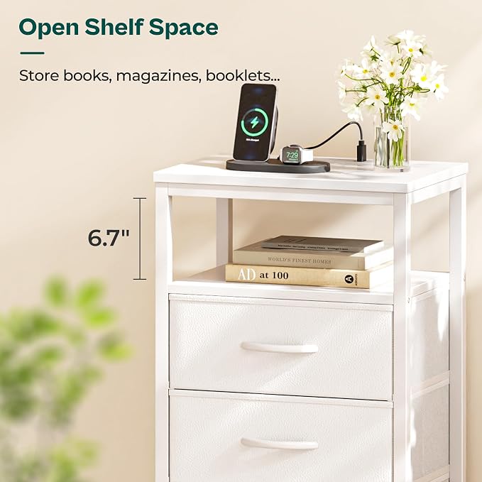 Huuger White Dresser with 5 Drawers & Charging Station, Tall Dresser for Bedroom, Tall Night Stand with PU Leather Finish, Open Shelf, Nightstand for Bedroom, Closet, Hallway, Entryway