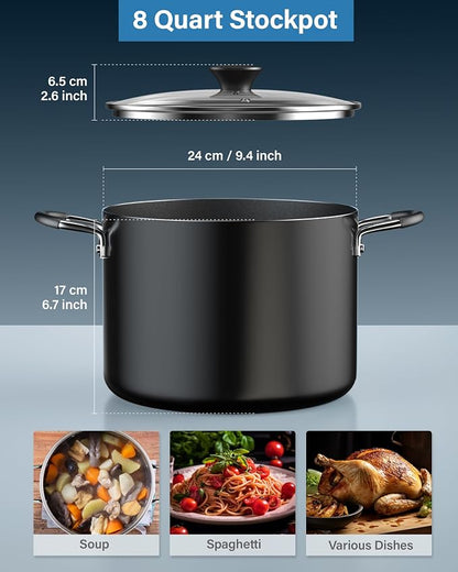 Cook N Home Professional 8 Quart Nonstick Stock Pot with Lid, Riveted Handles, Big Soup Pot for Holiday Feasts, Stockpot with Even Heating, Induction Cookware, Oven & Dishwasher Safe, Black