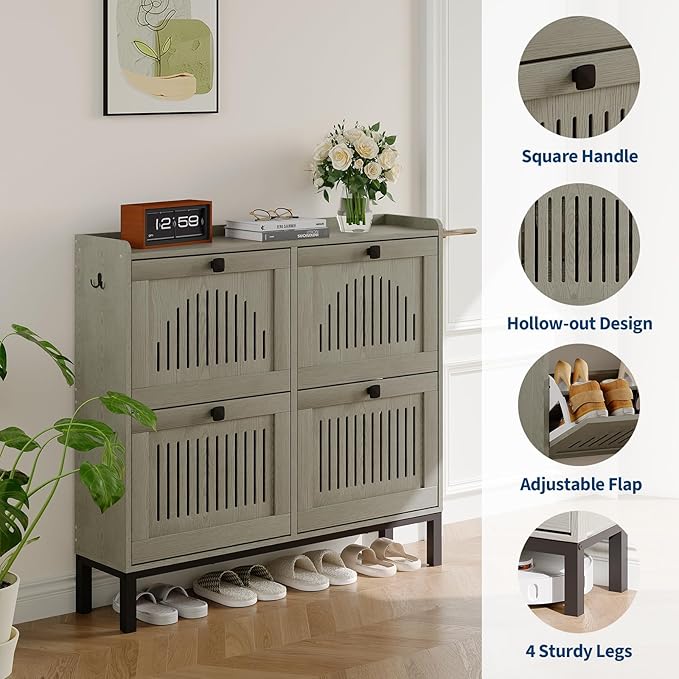 Garvee 4 Flip Drawer Shoe Cabinet with Adjustable Shelves, Hidden Shoe Organizer with Large Capacity, Freestanding Wooden Shoe Rack for Entryway, Hallway, Living Room, Washed Gray