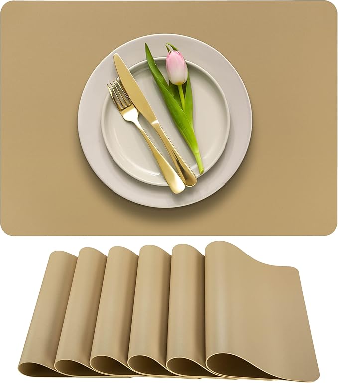 More Décor Faux Leather Placemats Set of 6 for Dining Table – Waterproof, Wipeable, Washable, Stain & Heat Resistant, Non-Slip Table Mats – 12 X 17 Inch, (Solid Beige 6)