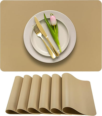 More Décor Faux Leather Placemats Set of 6 for Dining Table – Waterproof, Wipeable, Washable, Stain & Heat Resistant, Non-Slip Table Mats – 12 X 17 Inch, (Solid Beige 6)