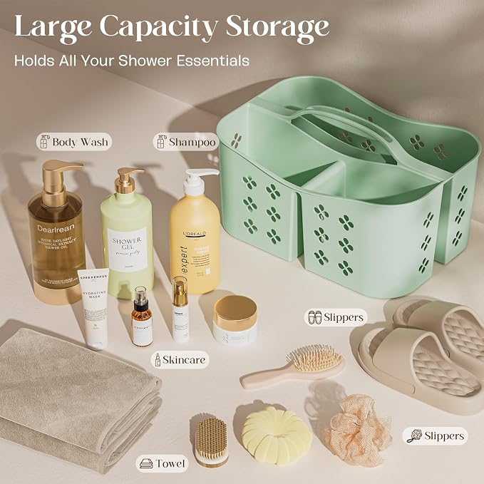 PQH Portable Shower Caddy with Handle, Large Capacity Shower Basket Organizer, Quick-Drain Bathroom Storage Tote, Durable Plastic Shower Organizer for College Dorm, Beach, Gym Essentials, MintGreen