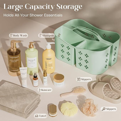 PQH Portable Shower Caddy with Handle, Large Capacity Shower Basket Organizer, Quick-Drain Bathroom Storage Tote, Durable Plastic Shower Organizer for College Dorm, Beach, Gym Essentials, MintGreen