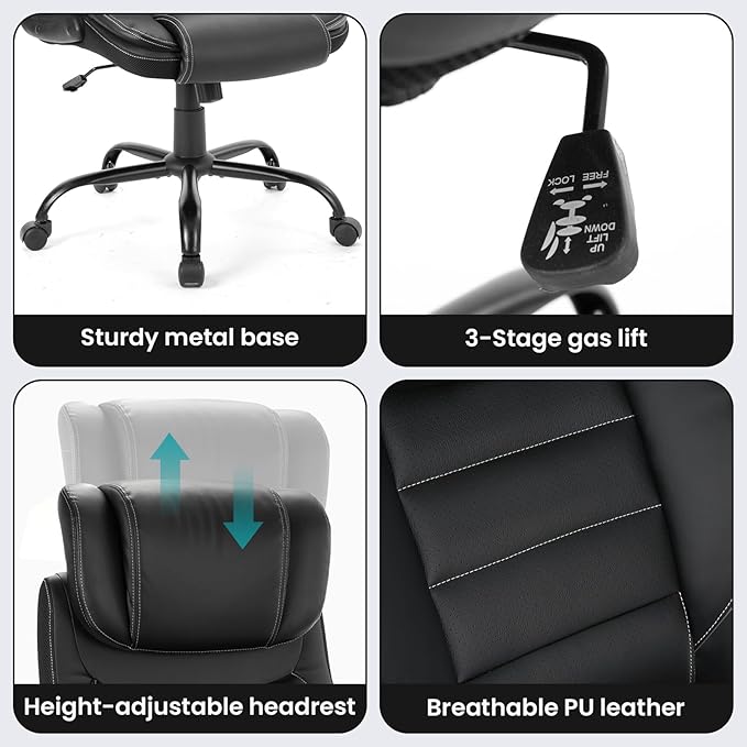 Big and Tall Executive Office Chair 400lbs for Heavy People, Ergonomic Computer Desk Chair with Lumbar Support & Adjustable Headrest, Comfy High Back Leather Office Chairs for Back Pain Relief, Black
