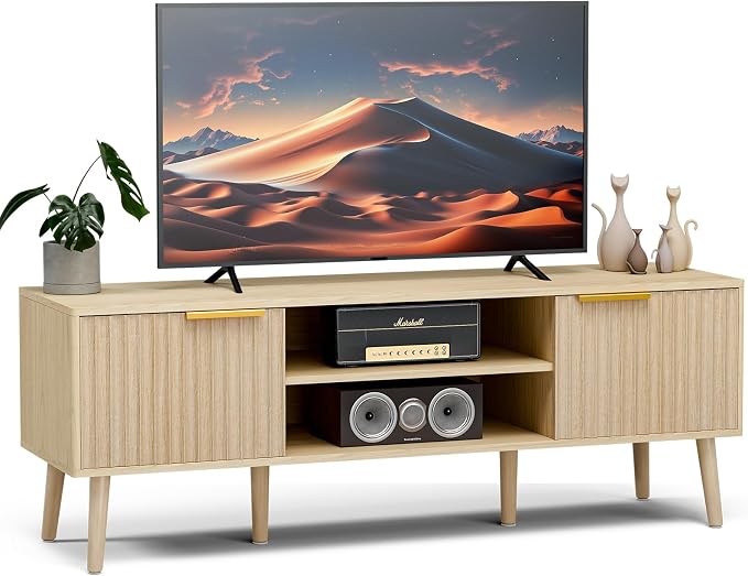 LCRBOL TV Stand for Living Room, Boho Entertainment Center for 55/60 inch TVs, Media Console with Fluted Door Cabinets and Open Shelves, for Bedroom, Oak