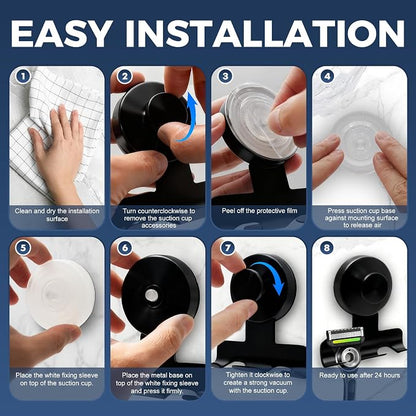 Suction Cup Razor Holder for Shower,Heavy-Duty 7KG Suction Hooks for Razor,Towel,Loofah,Removable Damage-Free Metal Shower Hook,Shaver Holder,2 Pack(Matte Black)