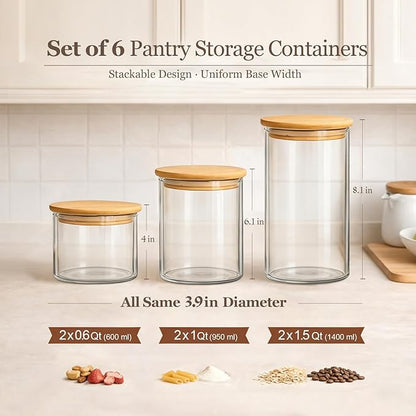ComSaf Glass Storage Containers with Lids (0.6qt/1qt/1.5qt) Set of 6,Glass Pantry Storage Containers with Airtight Lid & lables for Dry Food, Snacks, Nuts, Stackable for Kitchen, Pantry Organization