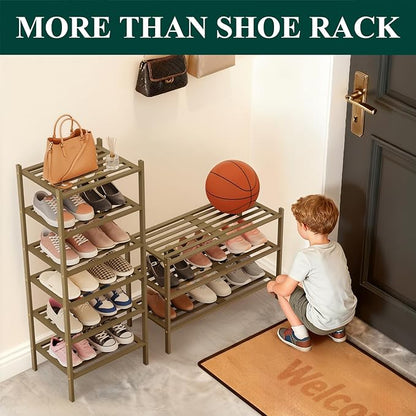 Smiry Small Bamboo Shoe Rack 2-Tier, Stackable Wooden Shoe Organizer for Entryway & Closet, Free Standing Wood Shoe Storage Shelf for Front Door & Small Spaces, Walnut