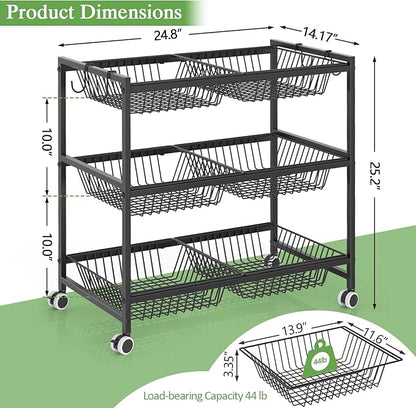 3-Tier Rolling Pantry Floor Organizer Cart with 6 Detachable Baskets, Metal Wire Fruit Basket Stand with Wheels, Kitchen Storage Cart for Fruit Vegetables, Snack Cart for Pantry Kitchen Living Room
